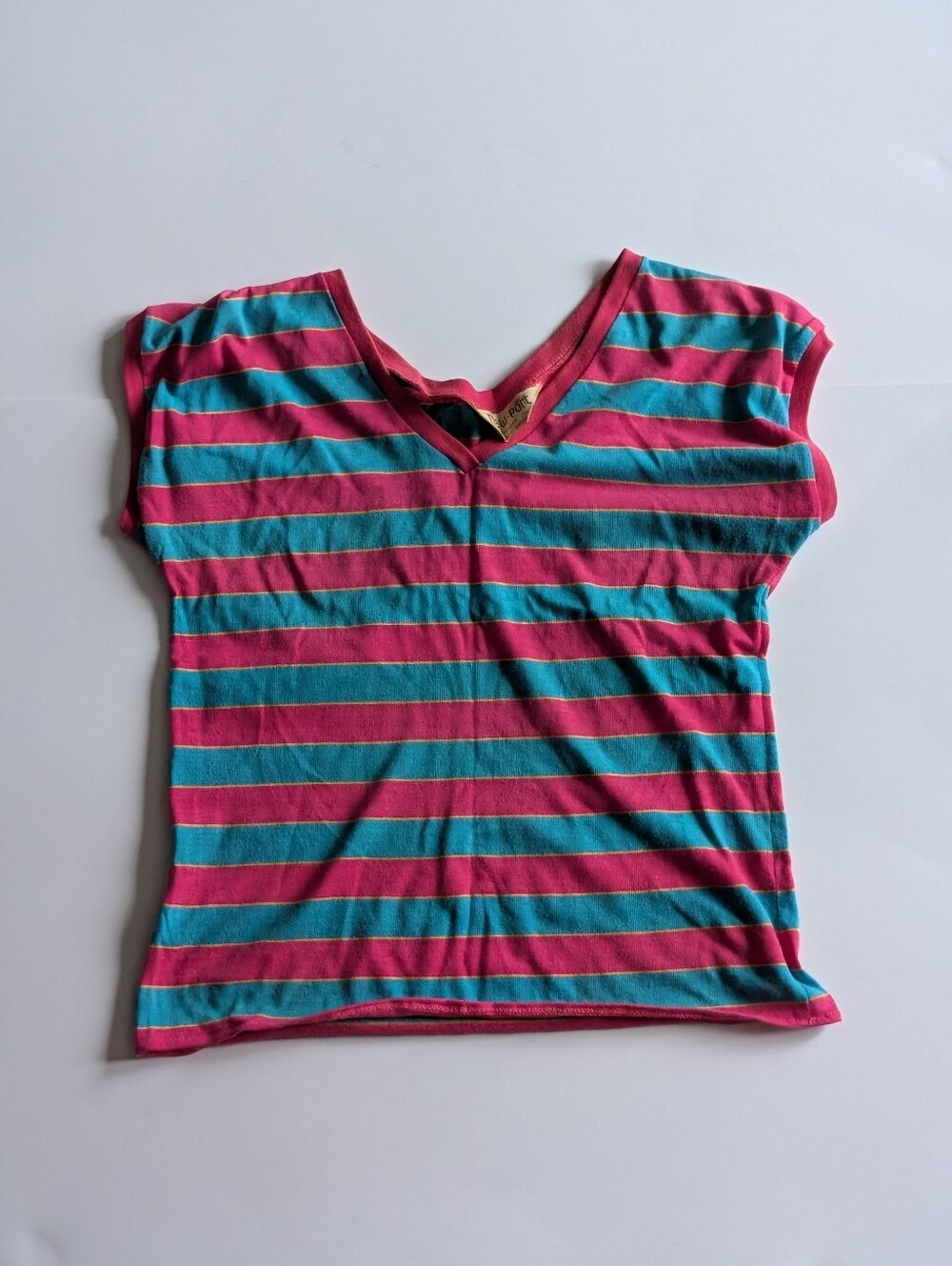 Vintage 80s New-port Sportswear Toronto Striped V-Neck Top - Pink & Turquoise -